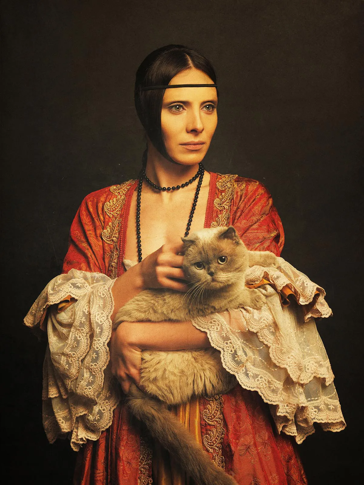 Renaissance inspired portrait of a woman holding a cat by Mehmet Turgut